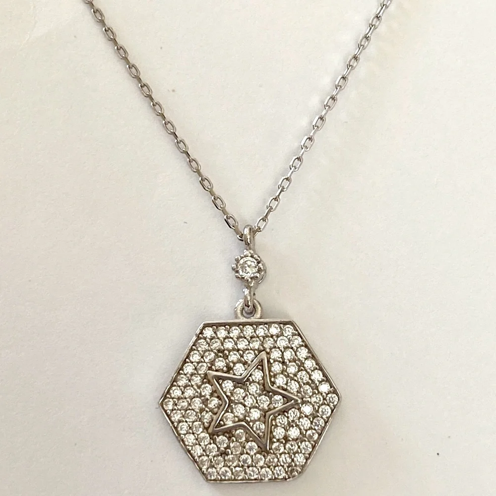925 Silver hexagon star compass cz stones necklace